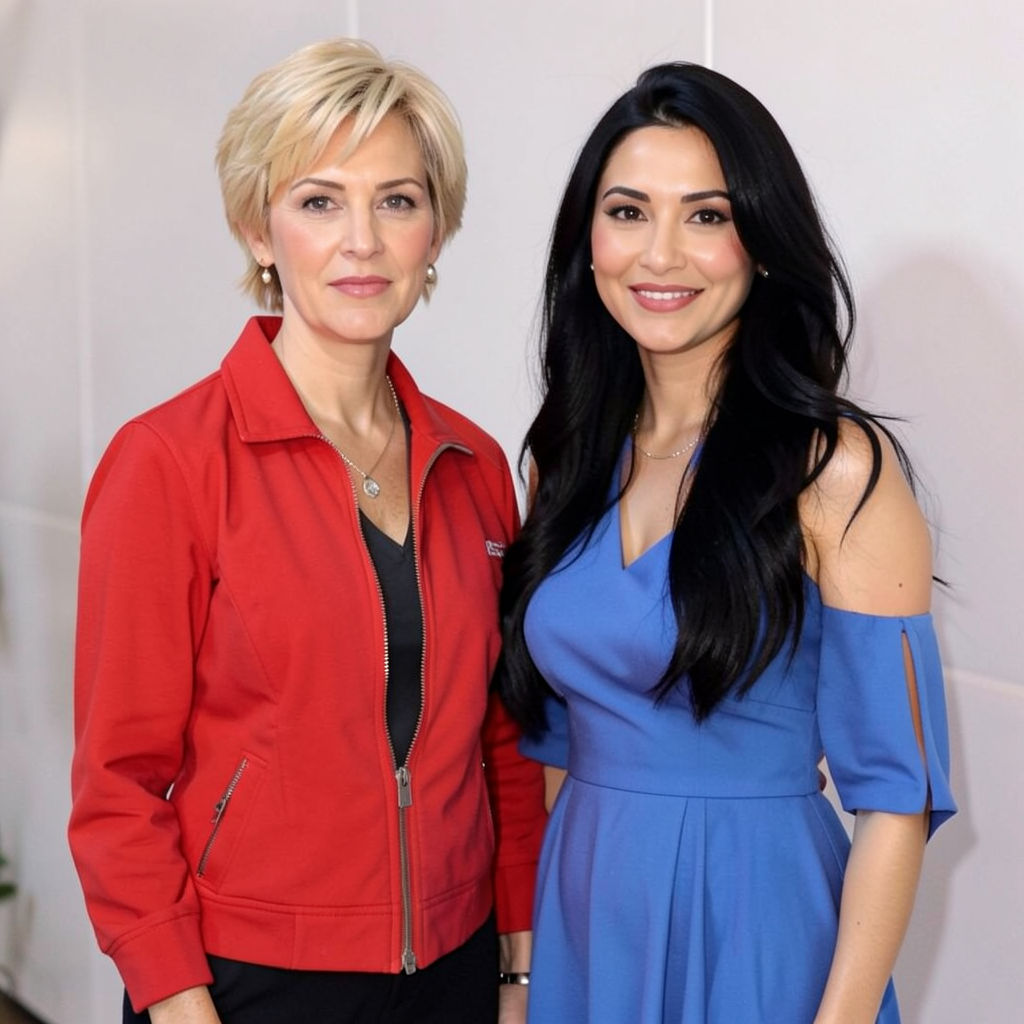 Two women standing side by side: one with short blonde hair 