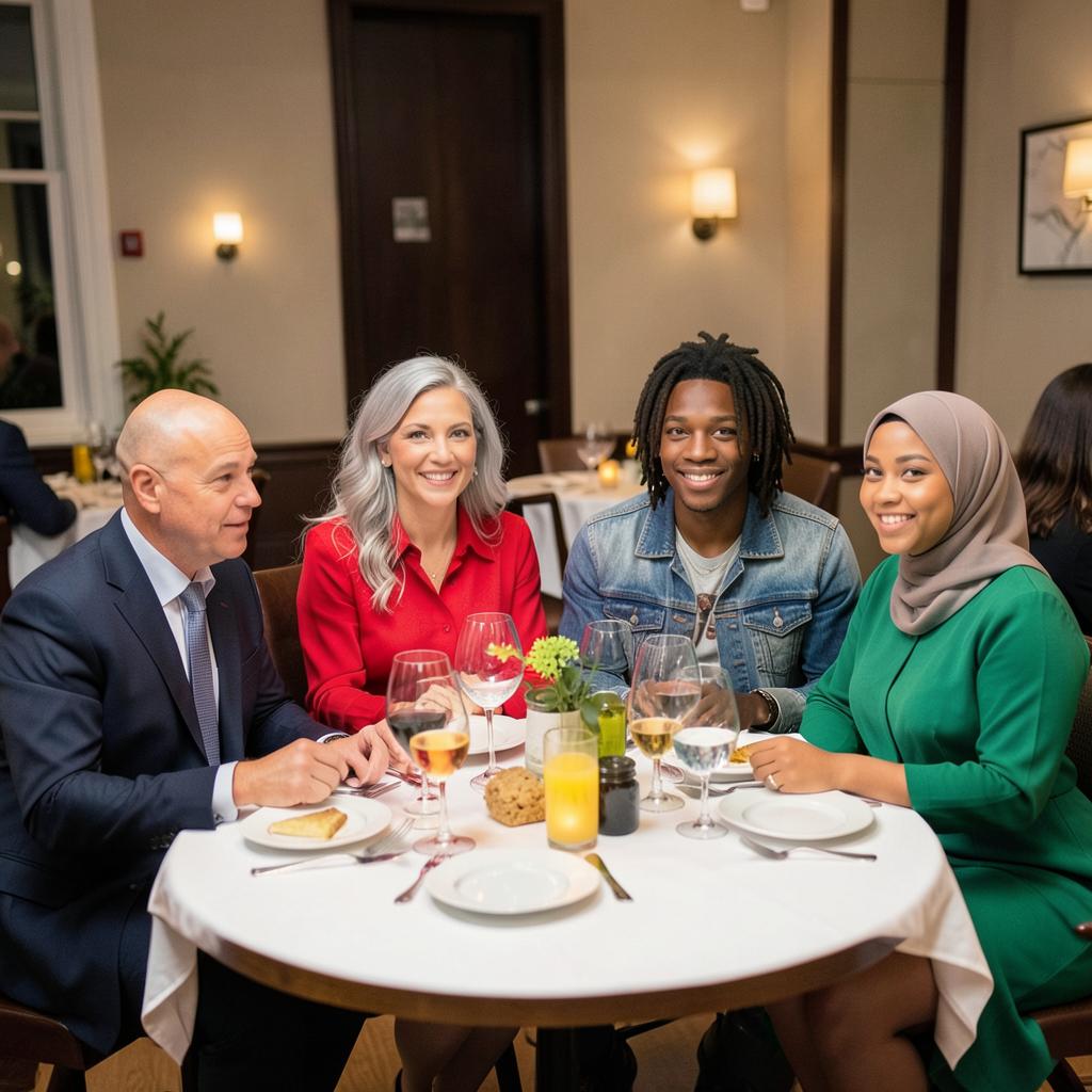 Four people at a dinner table: a bald man in a suit, a woman