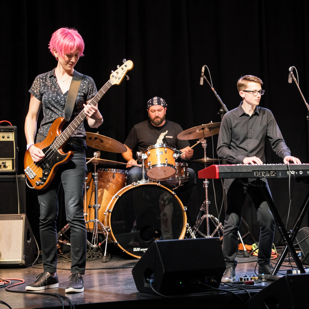 Three musicians on stage: a tall woman with short pink hair 