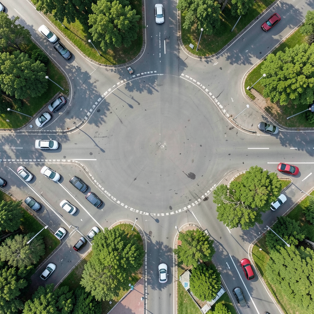 An aerial bird's-eye view looking straight down at a traffic