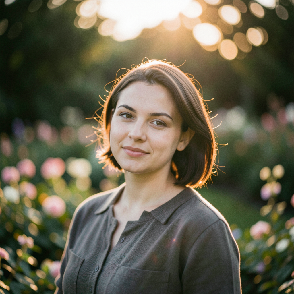 A portrait shot at 85mm f/1.4 with creamy bokeh background, 