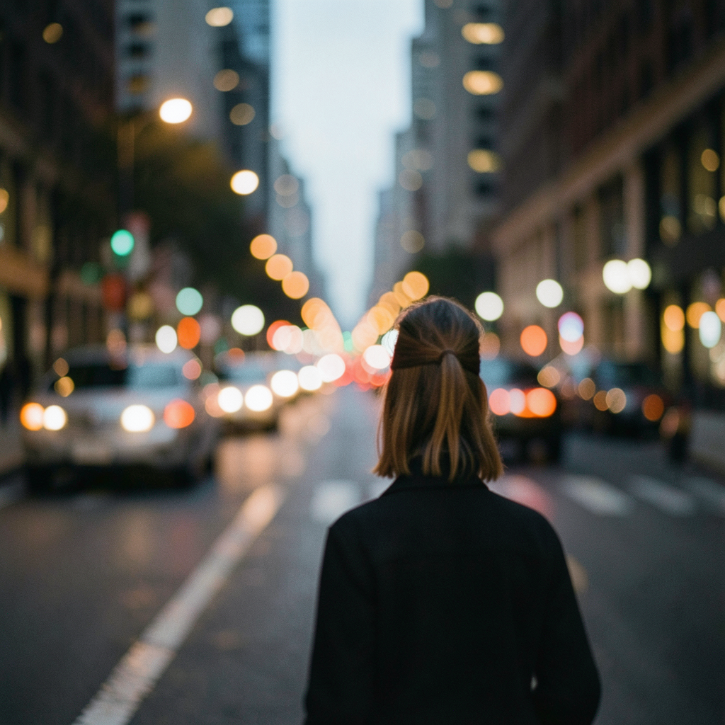 A street photograph with shallow depth of field as if shot a