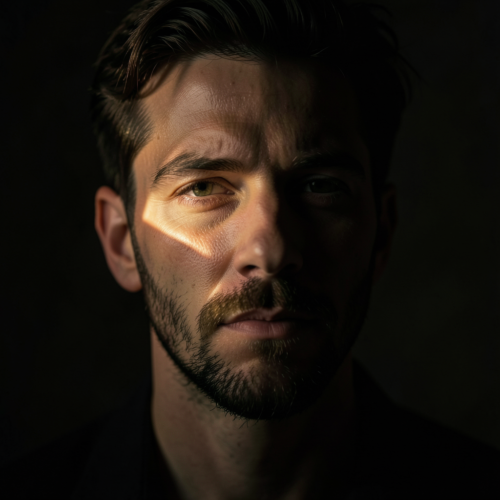 A portrait lit with classic Rembrandt lighting — triangle of