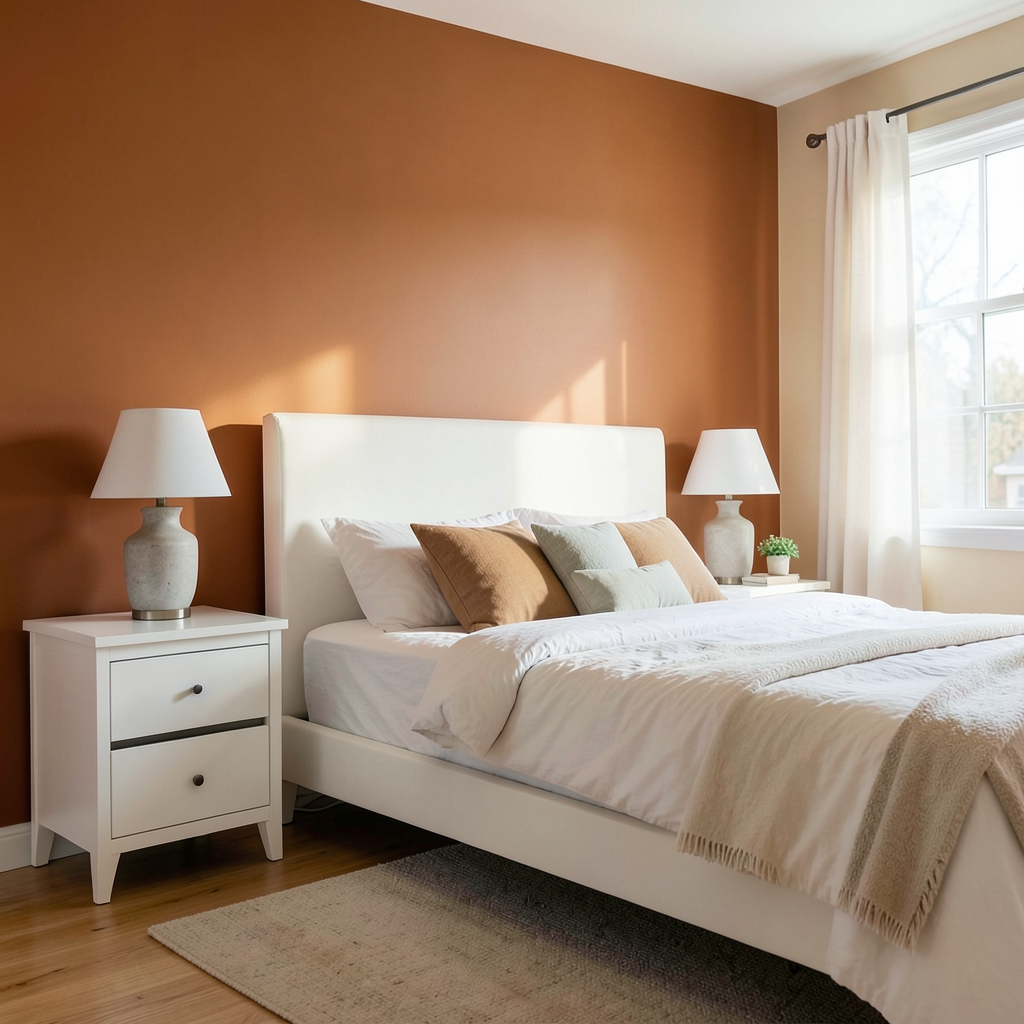 A bedroom wall painted in #FF6B35 (burnt orange) with white 