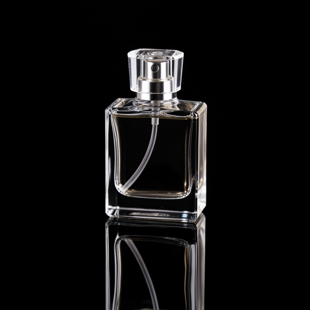 A clear glass perfume bottle on a reflective black surface w