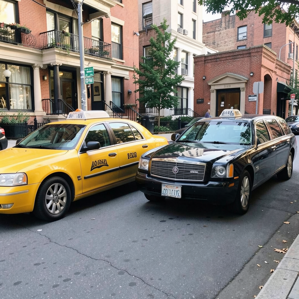 A yellow taxi and a black limousine parked next to each othe