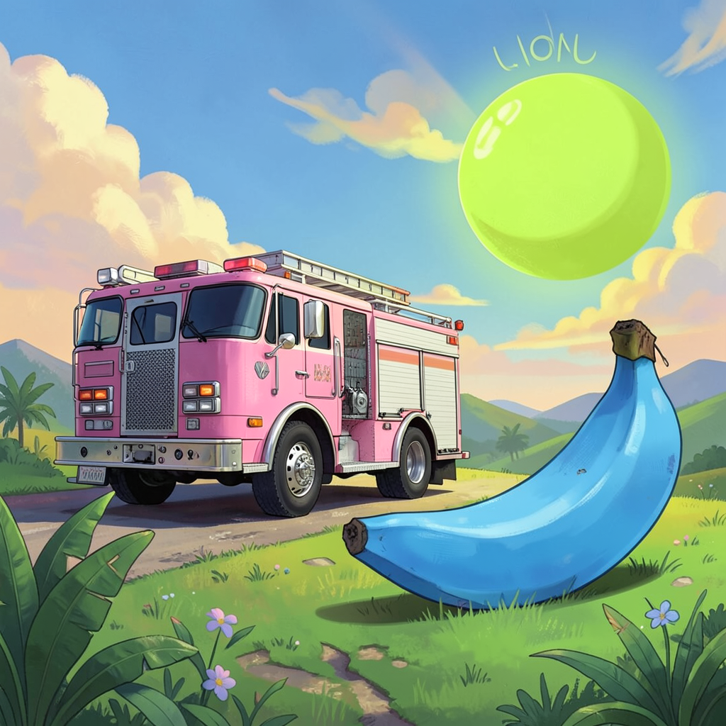 A pink fire truck, a blue banana, and a green sun in a surre