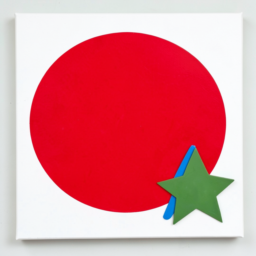 A large red circle, a small blue triangle, and a medium gree