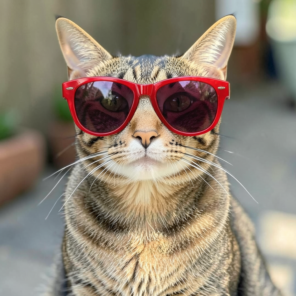 A tabby cat wearing oversized red sunglasses