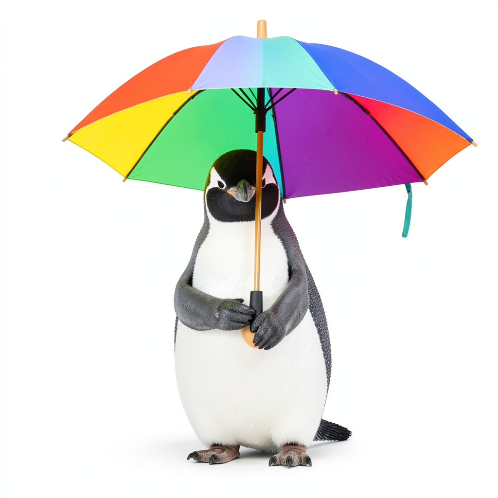 A penguin holding a colorful umbrella