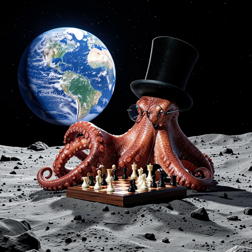 An octopus wearing a top hat and monocle playing chess on th