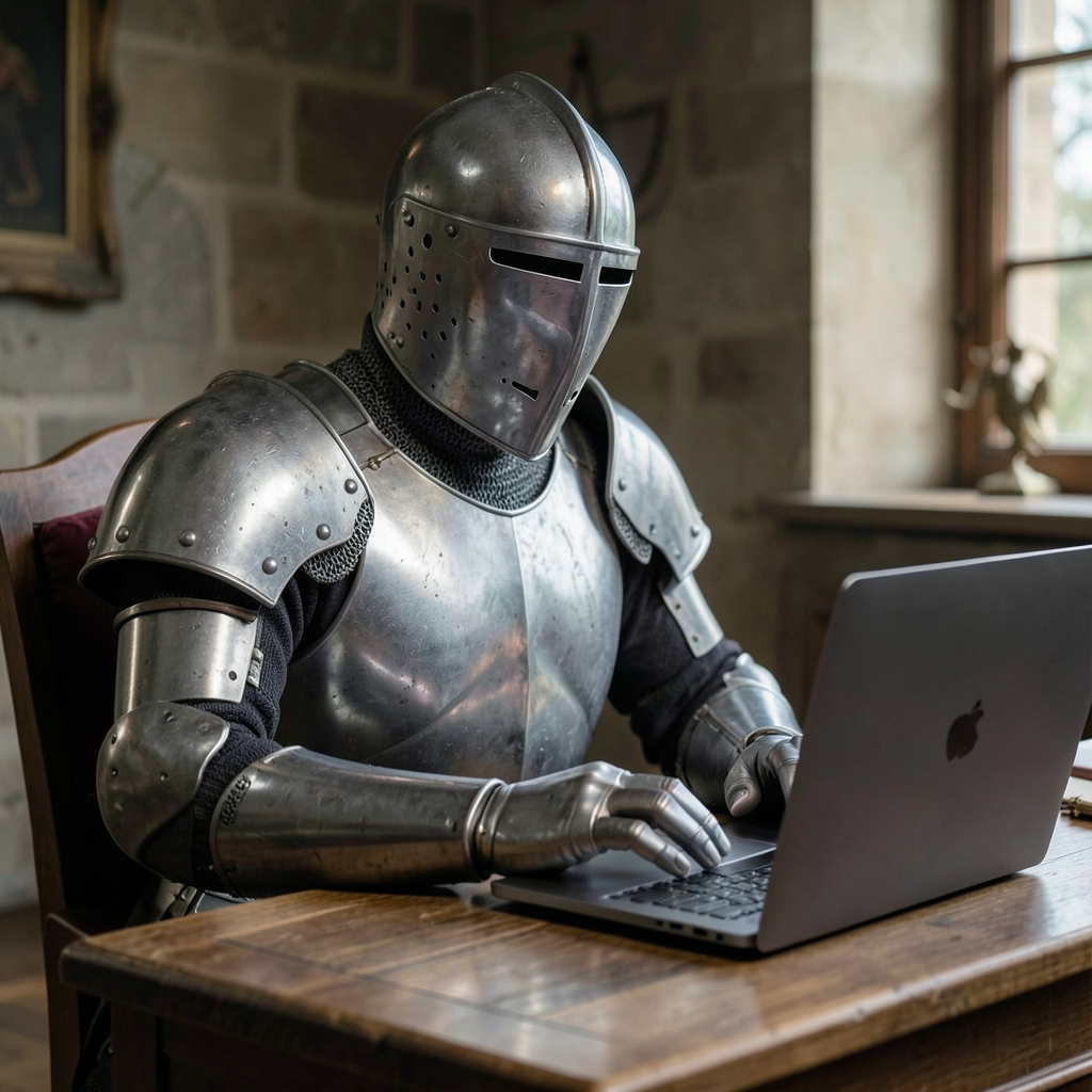 A medieval knight in full armor sitting at a desk typing on 