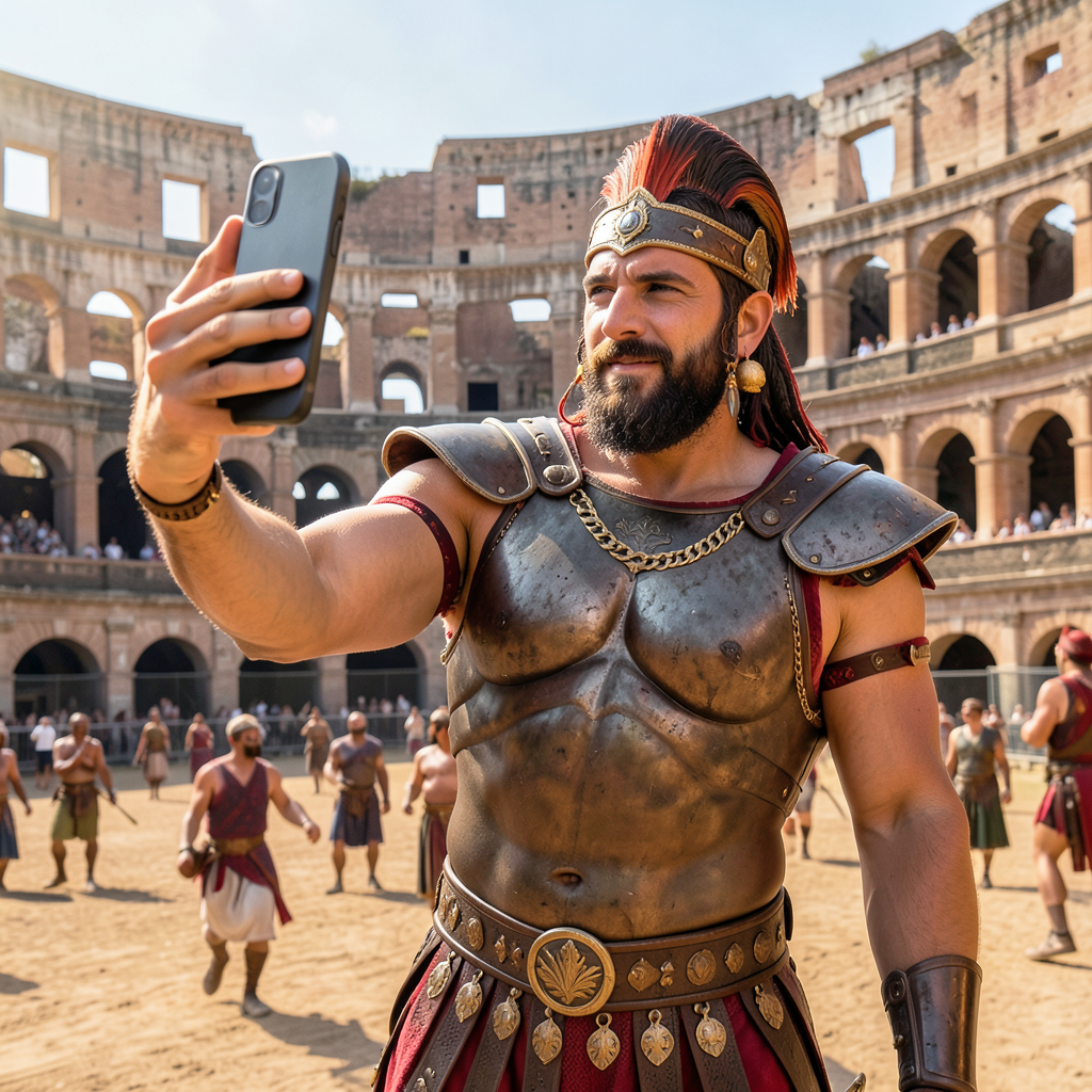 A Roman gladiator taking a selfie with a smartphone in the C