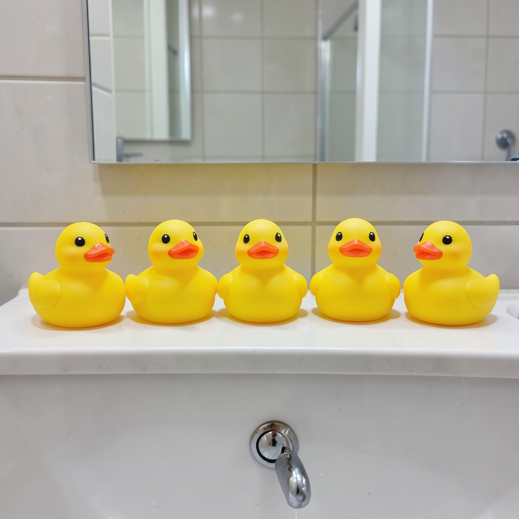 Exactly 5 yellow rubber ducks sitting in a row on a bathroom