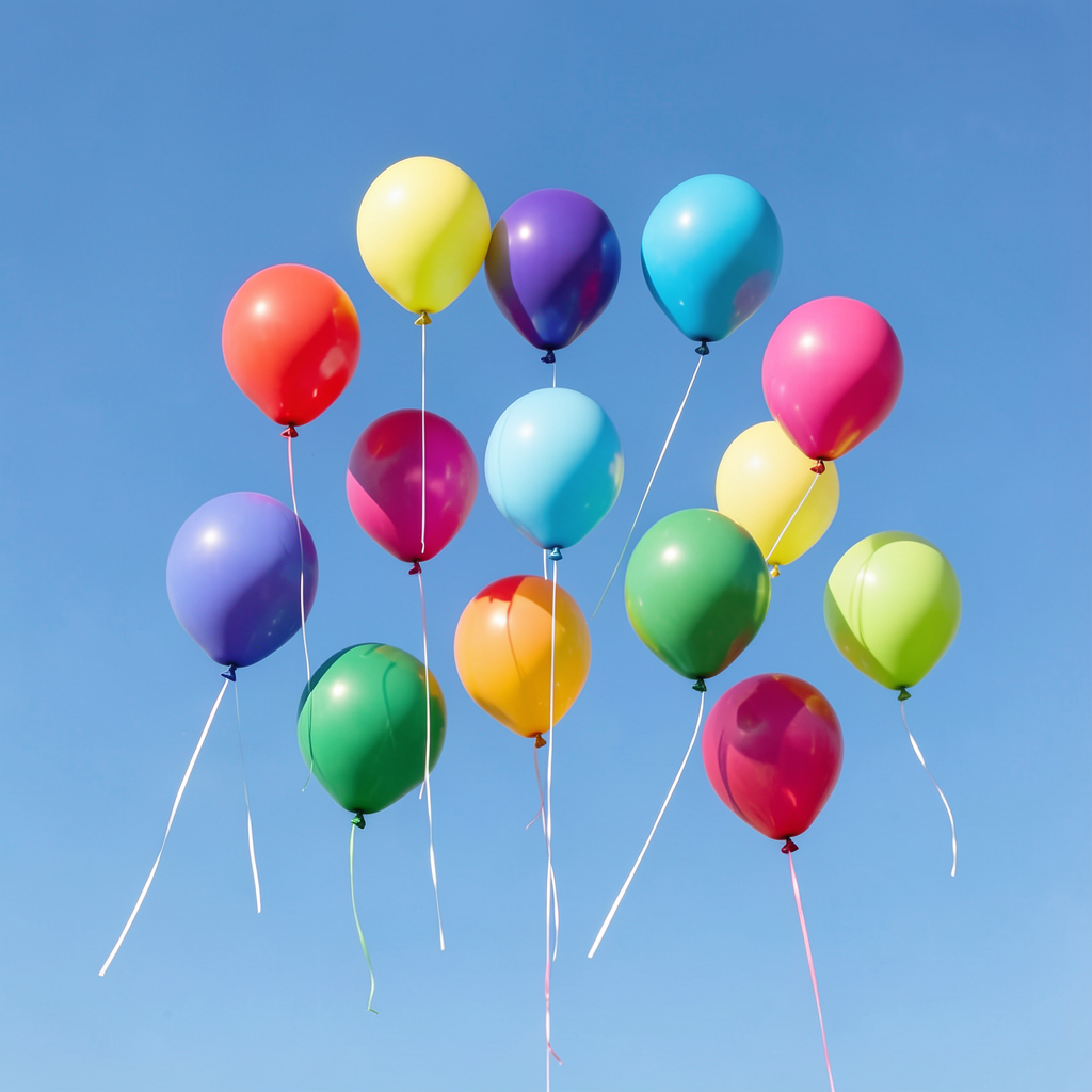 Exactly 11 colorful balloons floating against a clear blue s