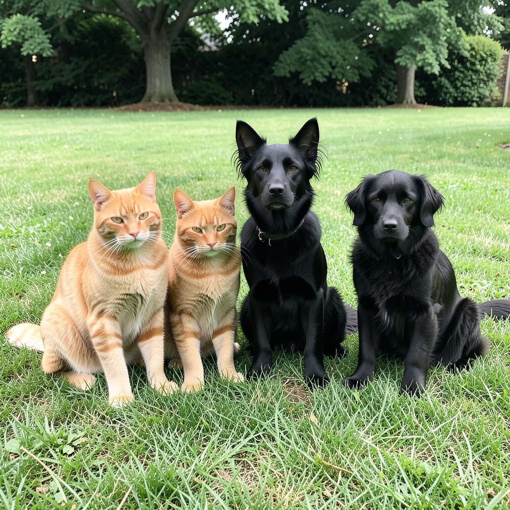 2 orange cats and 3 black dogs sitting together on a grassy 