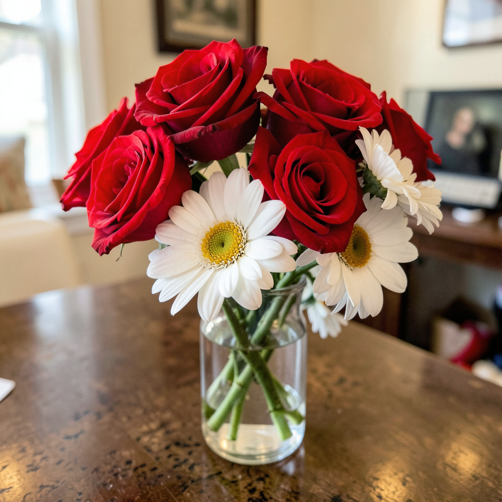 4 red roses and 2 white daisies in a glass vase on a table
