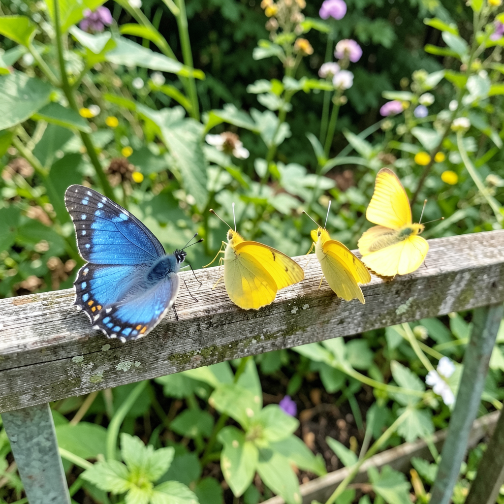 1 blue butterfly and 3 yellow butterflies resting on a garde