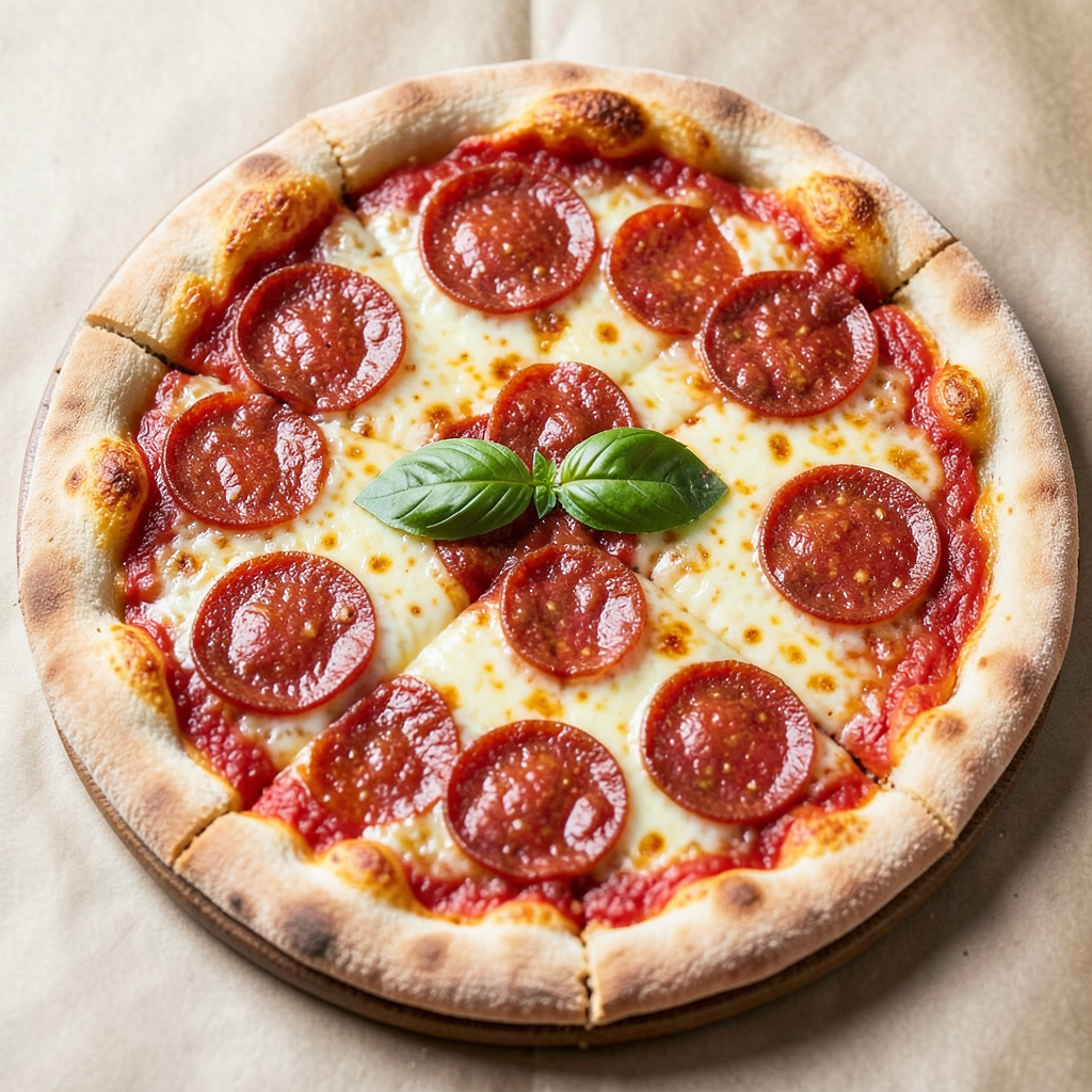 A pepperoni pizza with tomato sauce, basil, and crust but ab