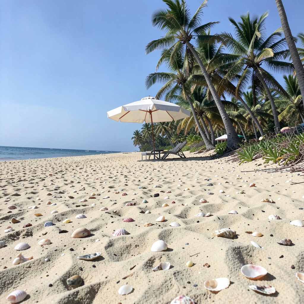 A sandy beach with palm trees, seashells, and a beach umbrel