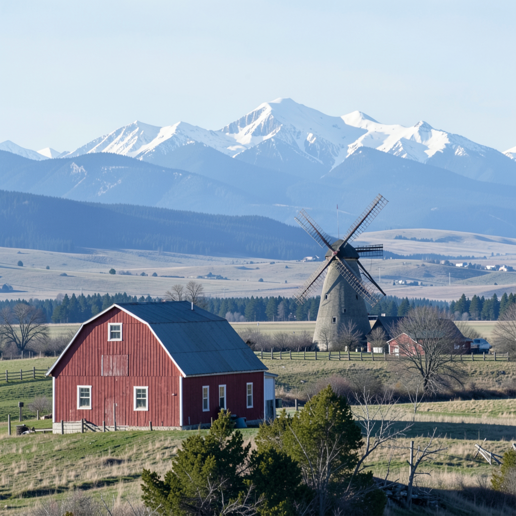 A landscape with a red barn in the foreground at large scale