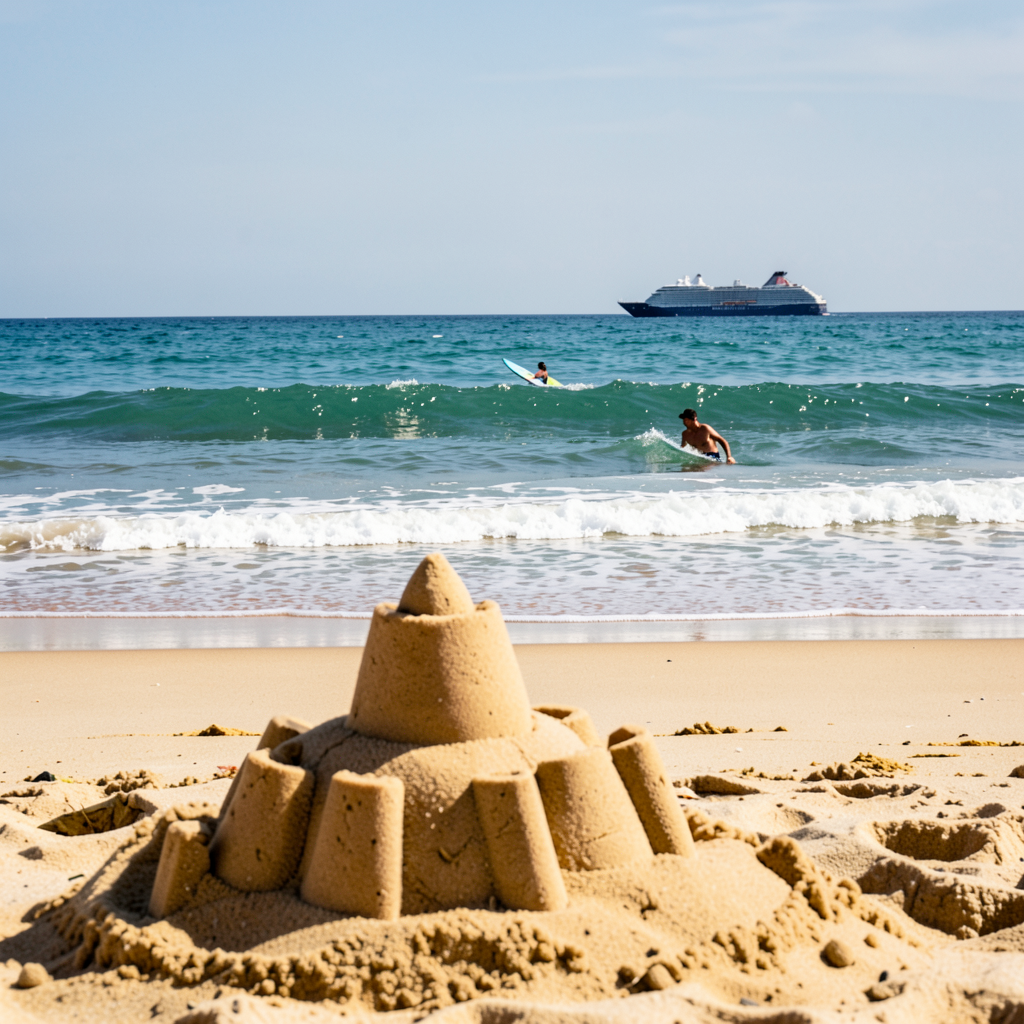 A beach scene with a sandcastle in the foreground, a surfer 