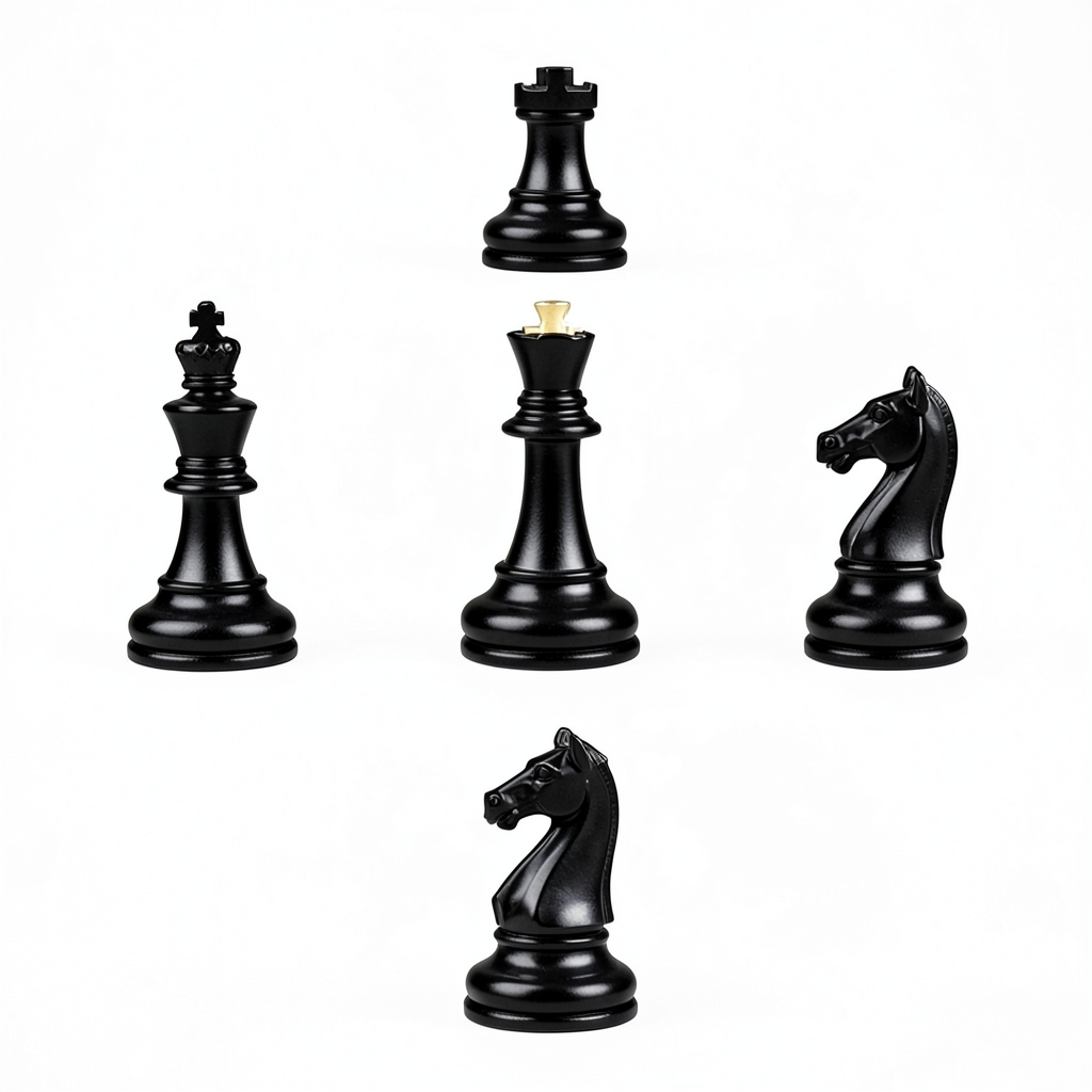 Five chess pieces on a board: a king in the center, a queen 