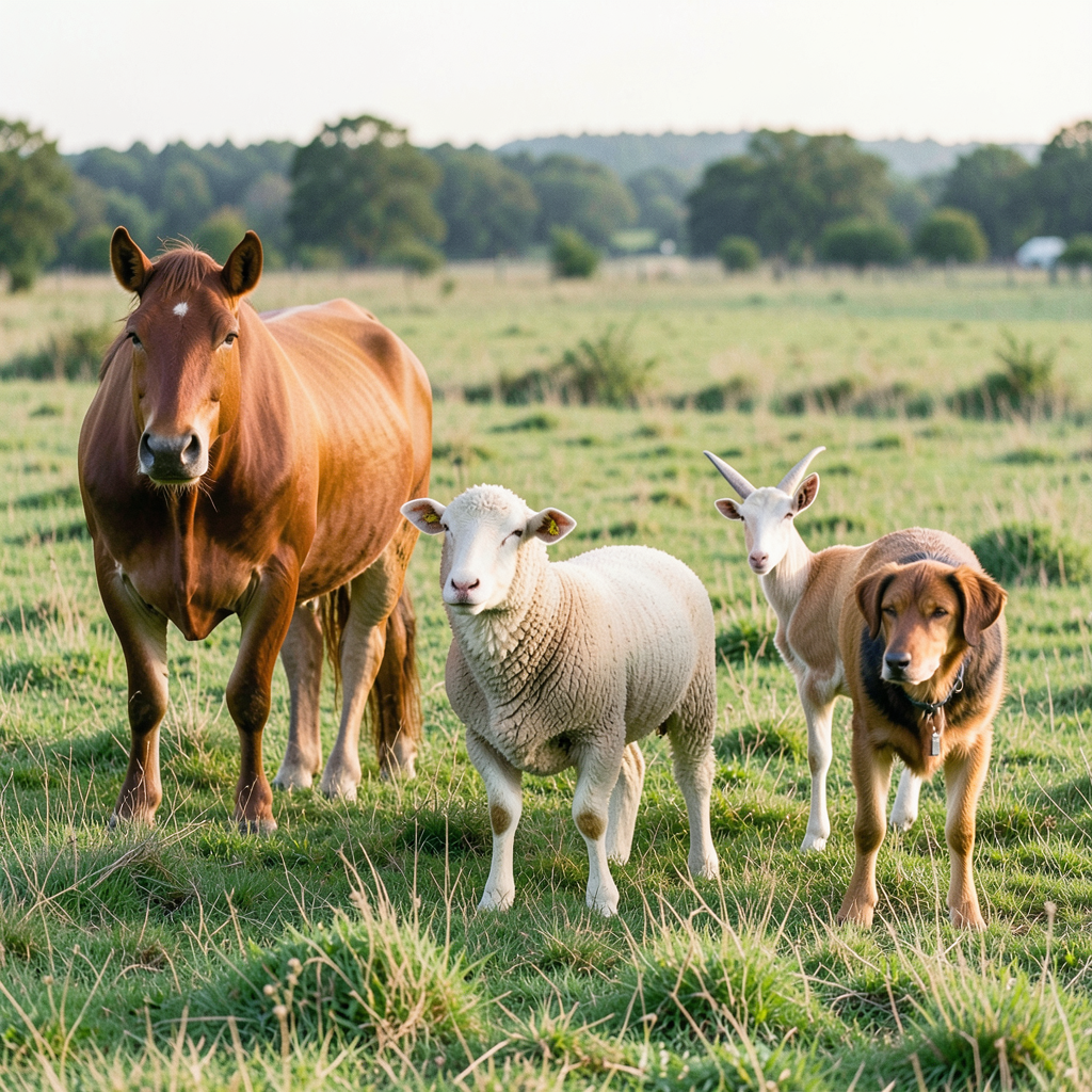 Five animals in a field: a horse on the far left, a cow to t