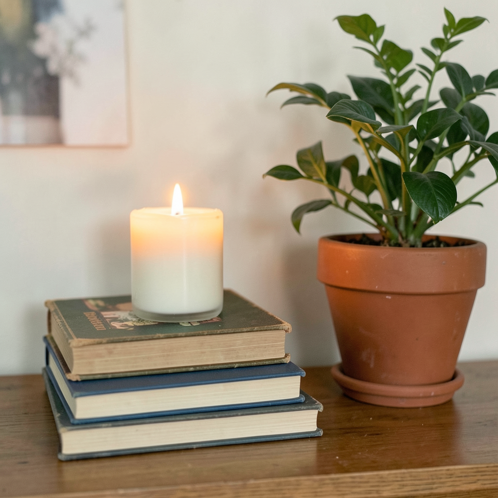A candle on top of a stack of books, the books next to a pot