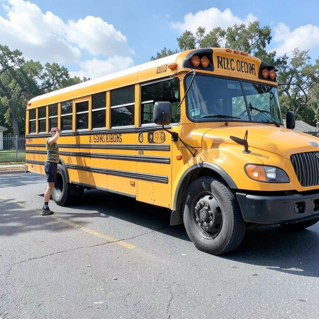 A person standing next to a yellow school bus, showing reali