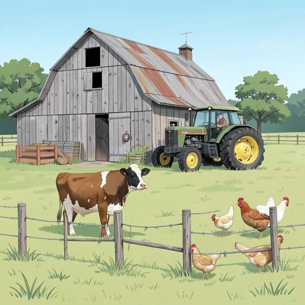 A farm scene with a barn, tractor, farmer, cow, chicken, and