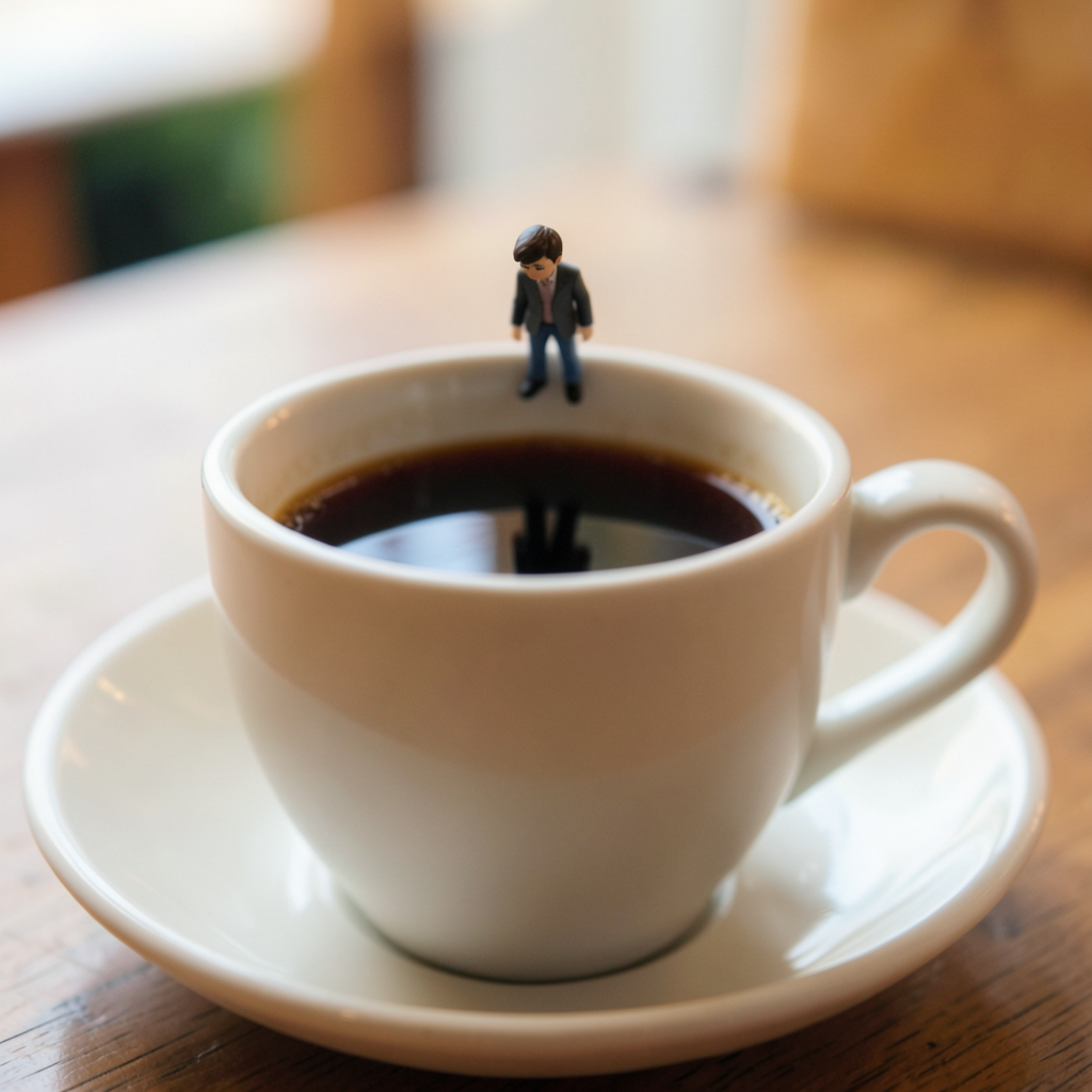 A tiny person standing on the rim of a coffee cup, looking d
