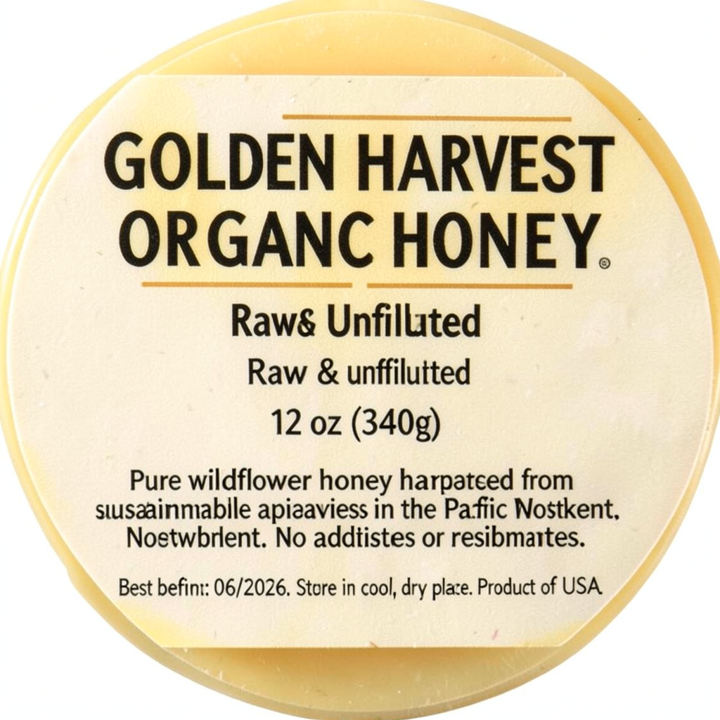A product label for 'GOLDEN HARVEST ORGANIC HONEY' with subt