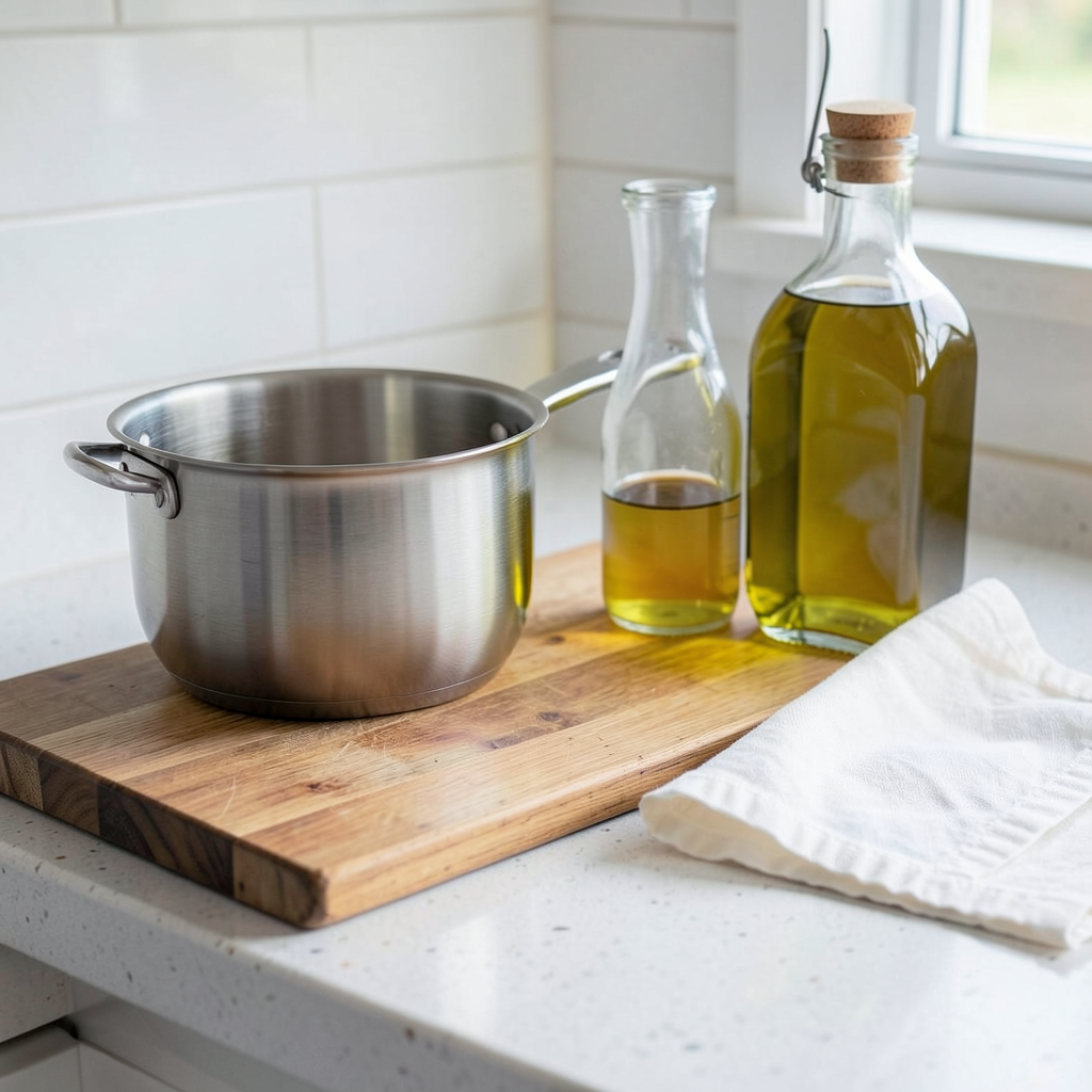 A kitchen counter with a stainless steel pot, a wooden cutti
