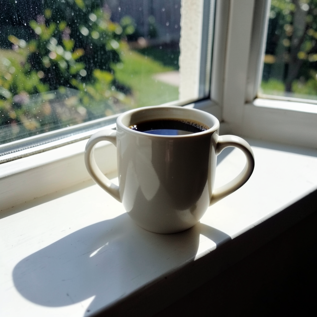 A coffee mug on a sunny windowsill casting a sharp shadow to