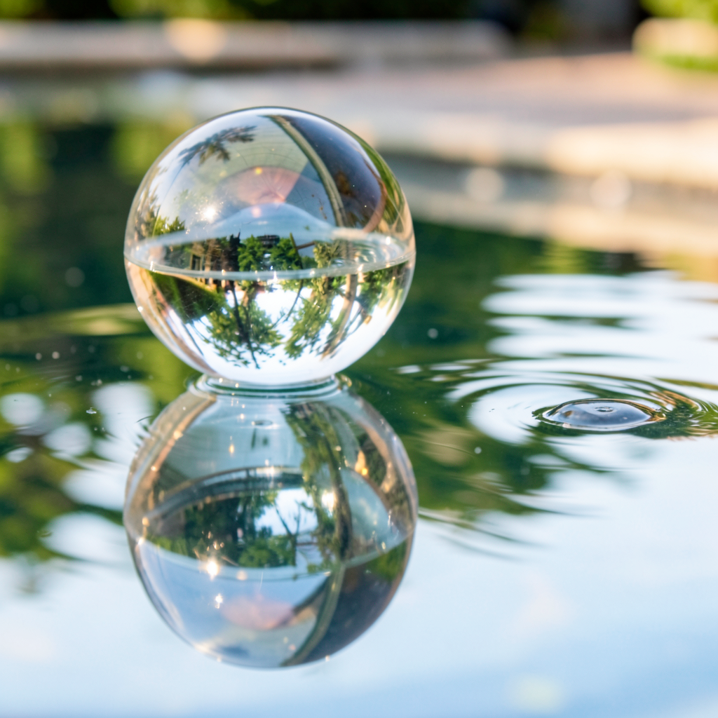 A clear glass sphere sitting on a mirror surface near a pool