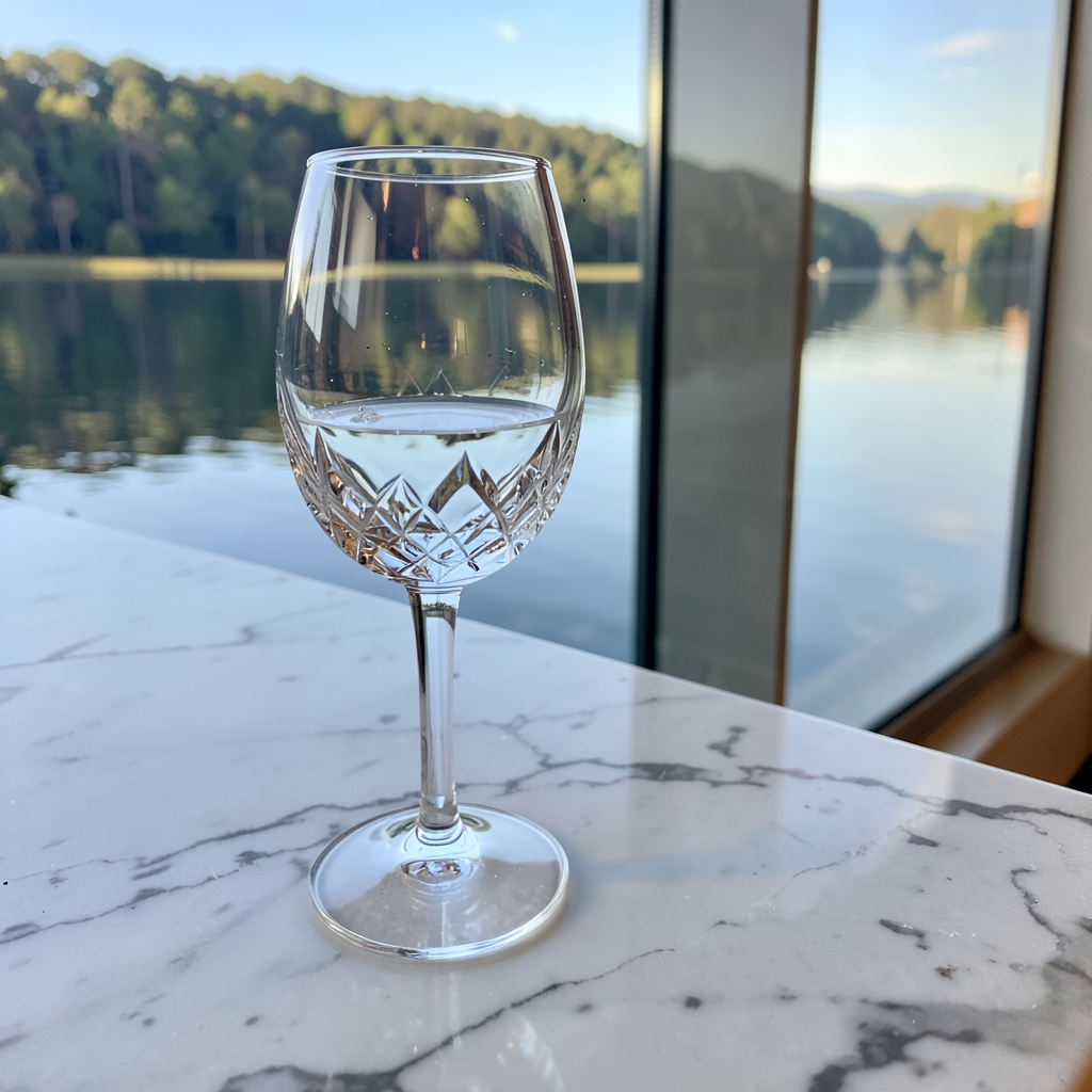 A crystal wine glass on a polished marble counter next to a 