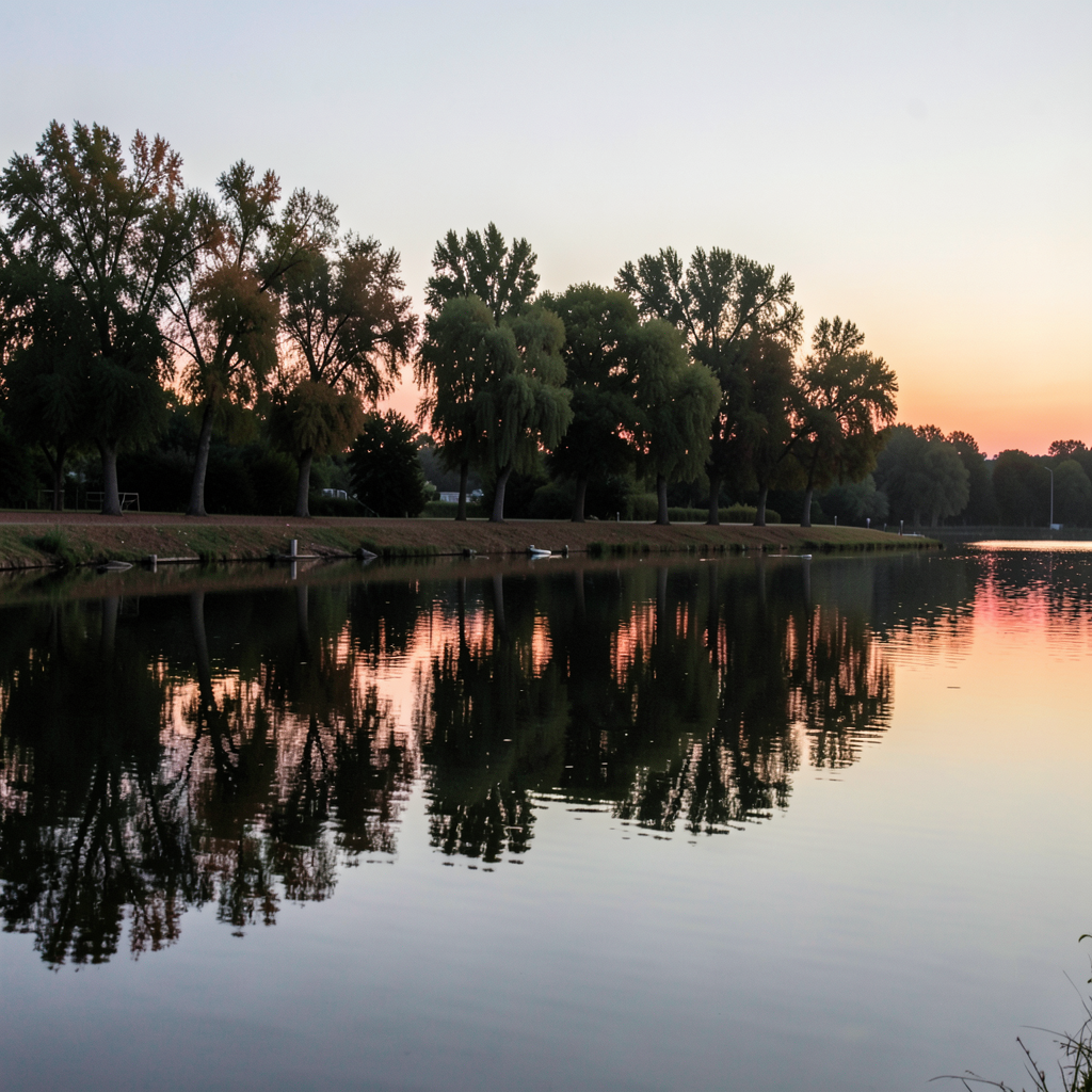 A row of trees reflected in a calm lake at sunset, with the 