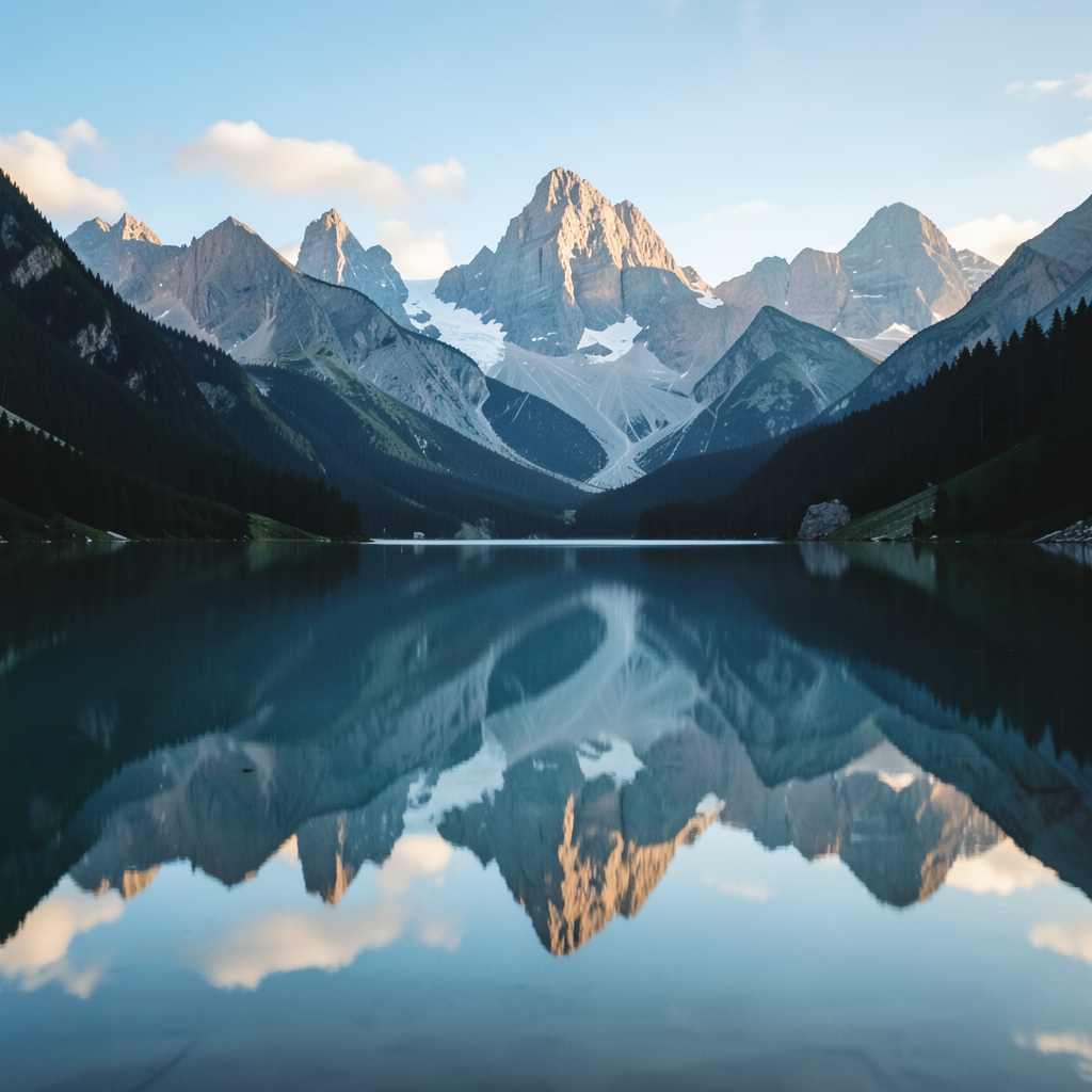 A mountain range reflected in a still alpine lake, with the 