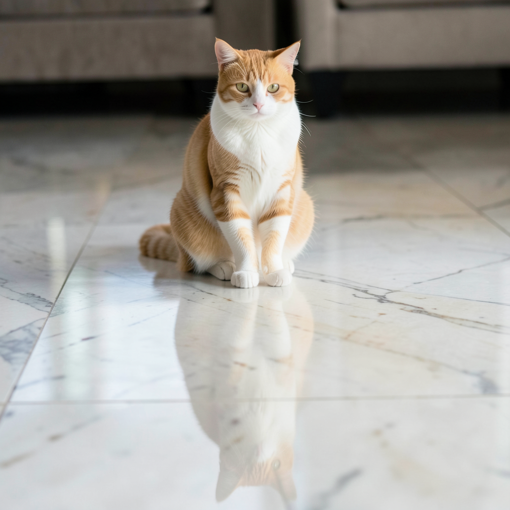 A cat sitting on a polished marble floor with its reflection