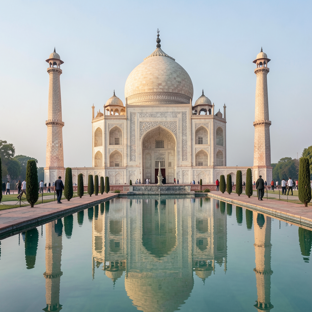 The Taj Mahal in Agra seen from the reflecting pool, with ac