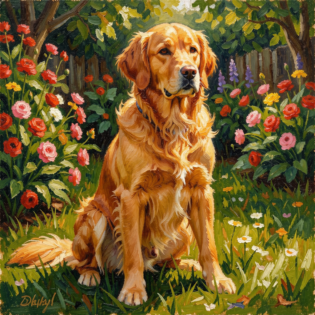 A golden retriever sitting in a garden, painted in the style
