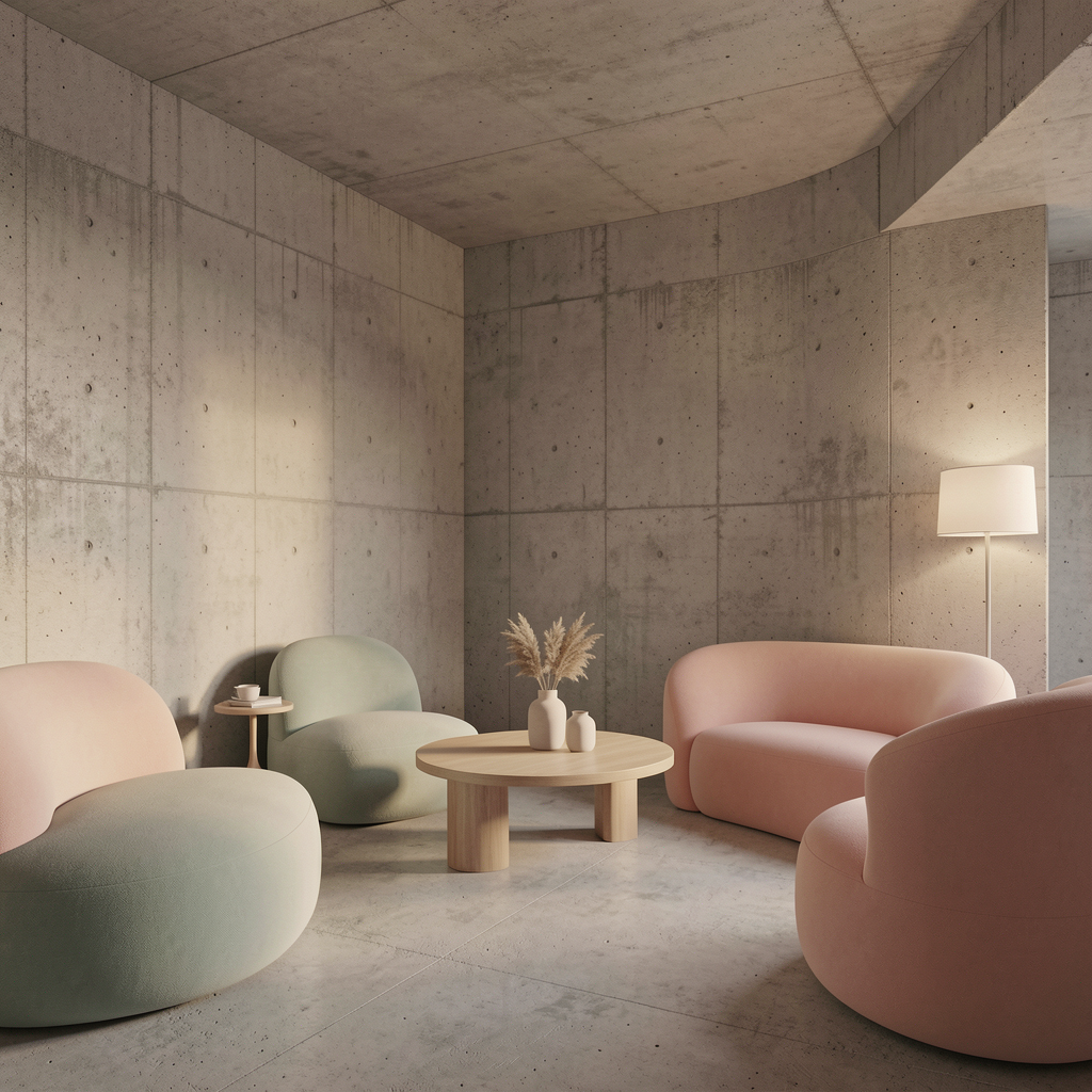 An interior scene rendered in soft brutalism — raw concrete 