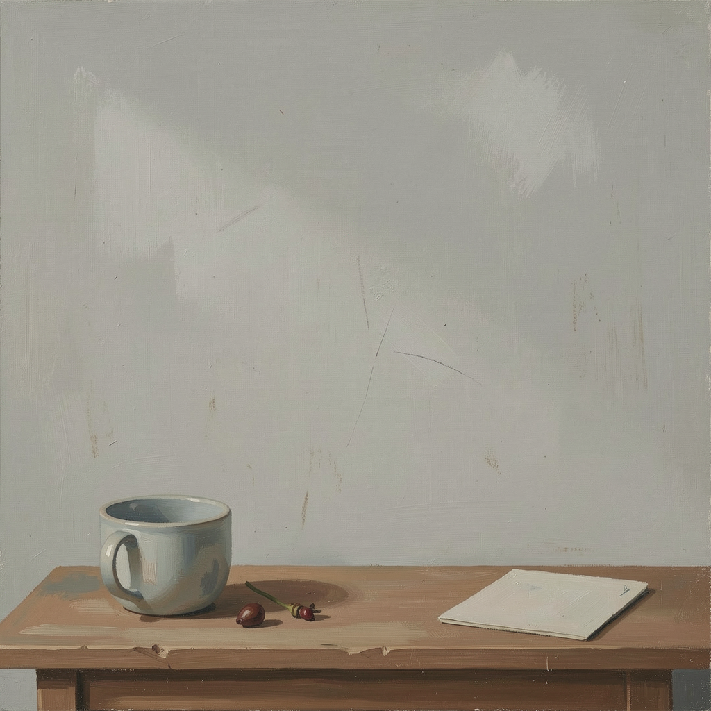 A still life painted in anxious minimalism — sparse composit
