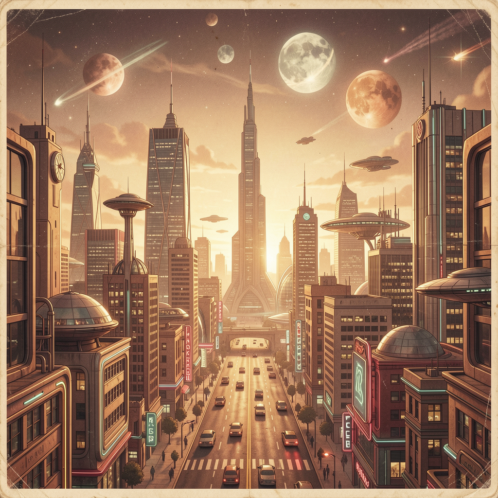 A cityscape rendered in nostalgic futurism — retro-futuristi