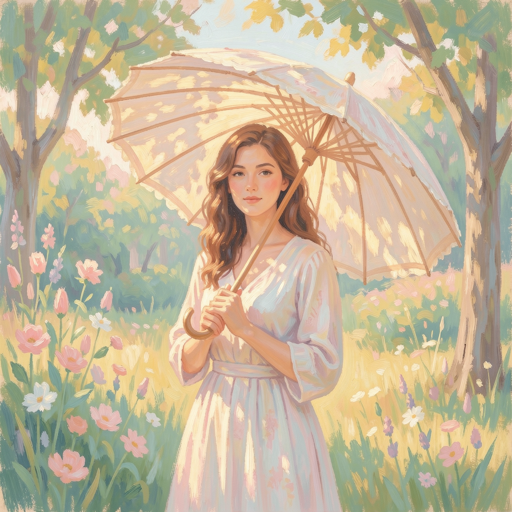 A woman with a parasol in the style of Impressionism — soft 