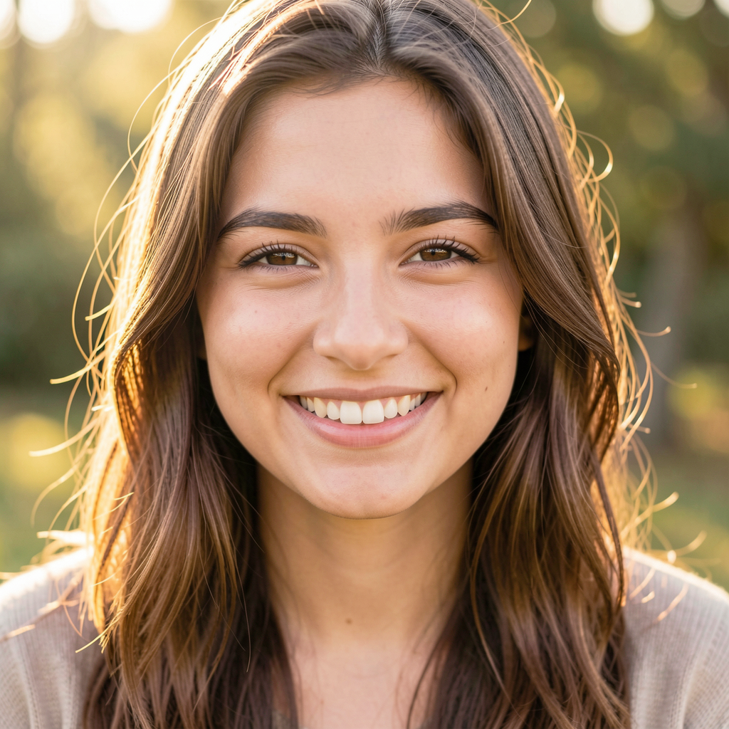 A close-up portrait of a young woman with a warm natural smi