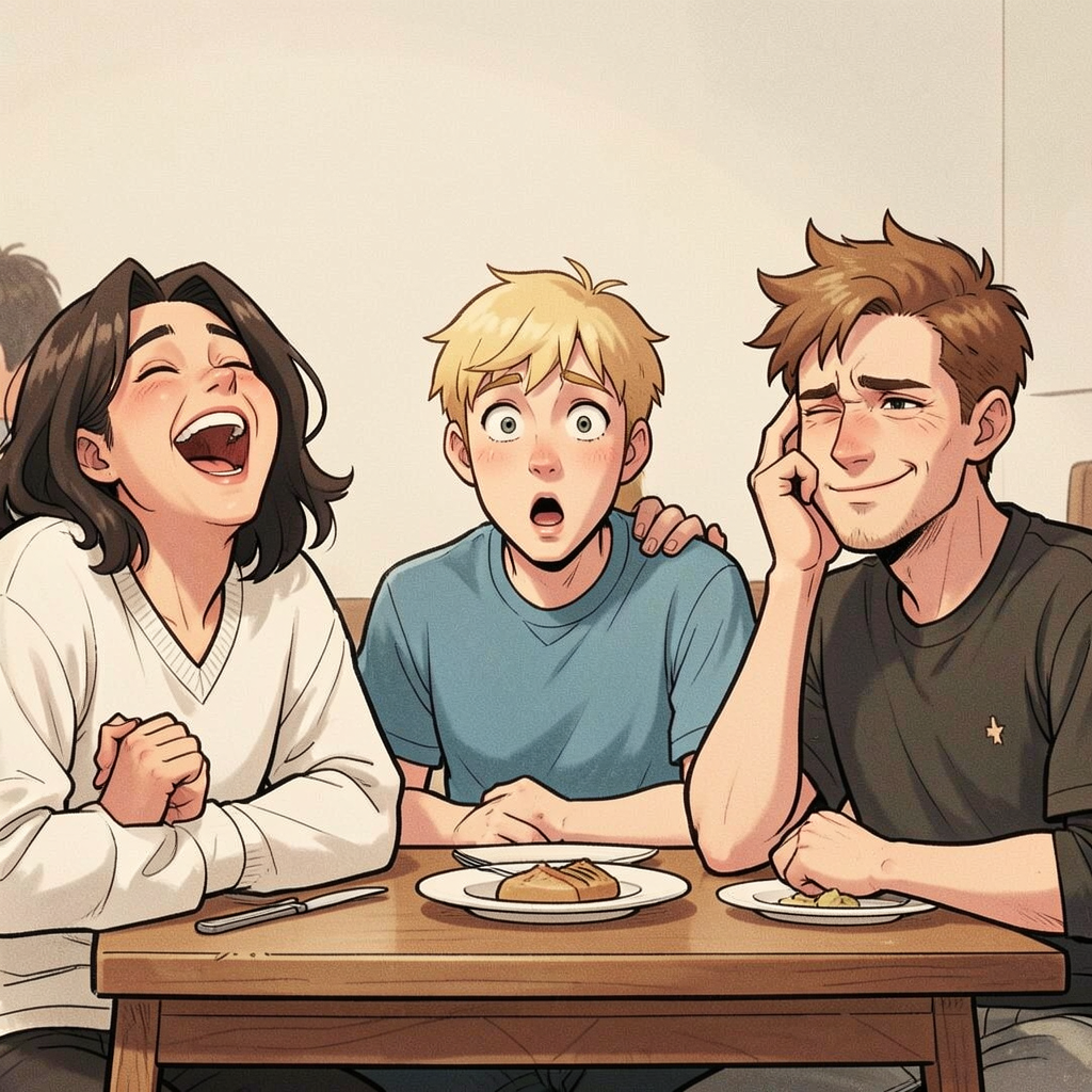 A group of three friends at a table: one laughing with head 