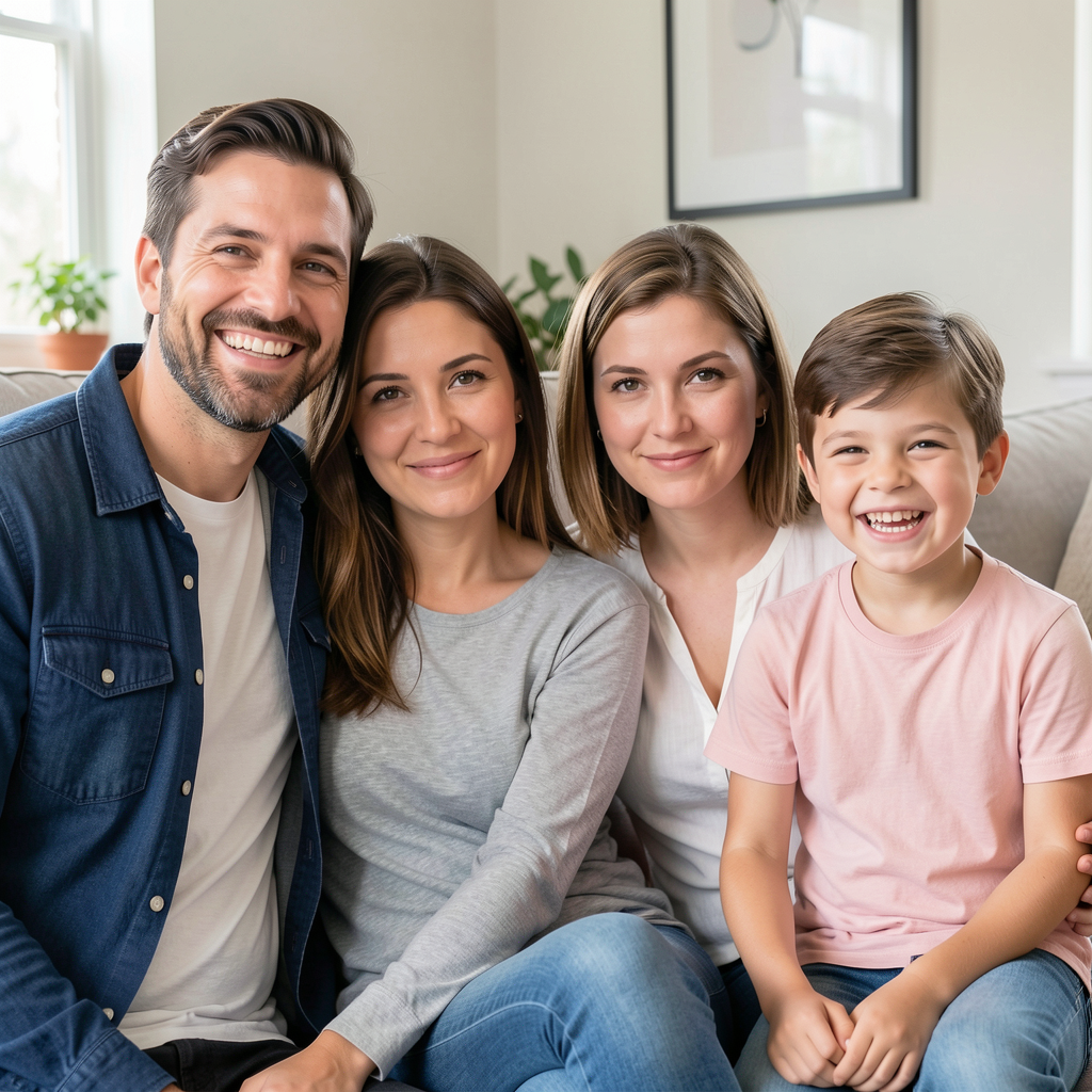 A family photo with four people: a father beaming with pride