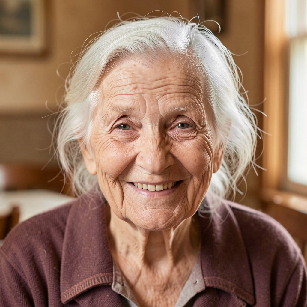An elderly woman in her 80s with deep wrinkles and white hai